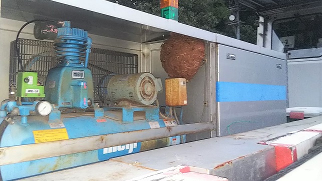 滋賀県高島市で保線用特殊車両機関部に営巣したキイロスズメバチの蜂の巣駆除