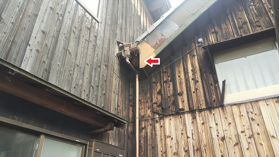 滋賀県甲賀市土山町で軒下樋の裏に営巣したコガタスズメバチの蜂の巣駆除